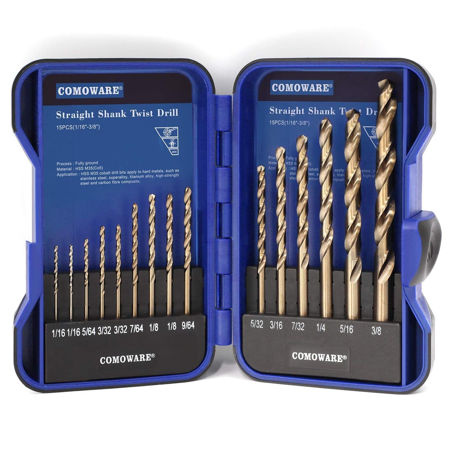 COMOWARE 15Pcs Drill Bit Set (1/16"-3/8"), M35 HSS Twist Drill Bits, Jobber Length, Straight Shank, Metal Drills bit Set for Steel, Stainless Steel/Iron/Wood/Plastic, with Metal Indexed Storage Case