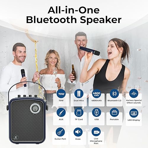 Miniatura 4 de Amplificador de voz inalámbrico con 2 micrófonos inalámbricos, altavoz Bluetooth, máquina de karaoke para adultos, micrófonos de altavoz portátiles