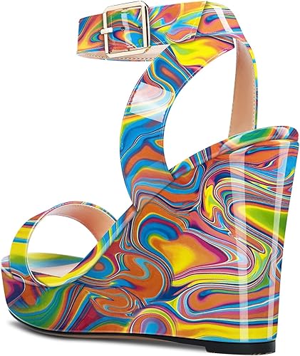 Miniatura 3 de Aachcol Sandalias de cuña con plataforma para mujer, redondas, puntera abierta, correa en el tobillo, correa de tobillo y tacón alto de dos piezas,