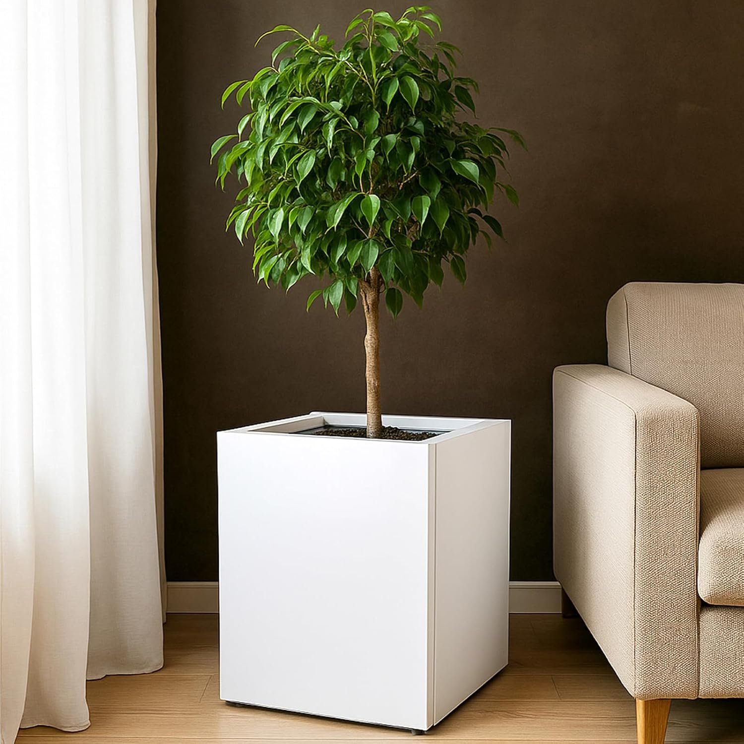 1 Pcs Extra Large White Square Planter Box Outdoor 17" L x 17" W x 18" H Heavy Galvanized Steel Planters with Drainage Holes Divider for Patio Porch Tall Plants