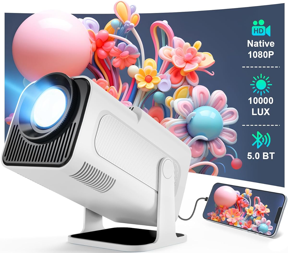 Mini Projector, Magcubic Native 1080P Wired Bluetooth Projector, Auto Keystone Portable Video Projector, Home Movie Projector, 180 Degree Flip, Synchronize Smartphone by USB for Entertainment (White) : Electronics