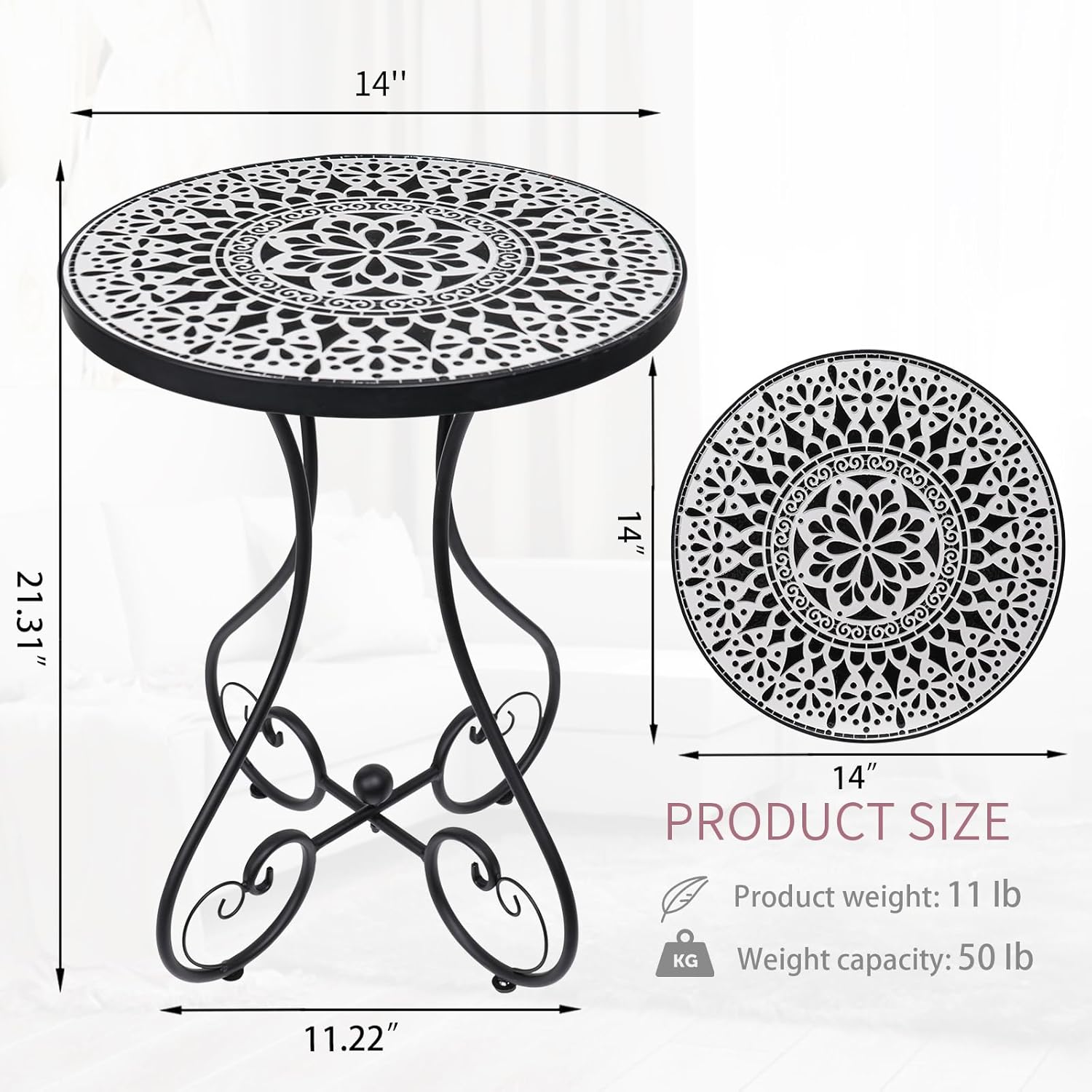 VCUTEKA Outdoor Side Table Mosaic Patio Table Accent Tables Mosaic Tile Top Metal Frame Small End Tables Porch Beach Patio Garden Balcony Black 14 inch