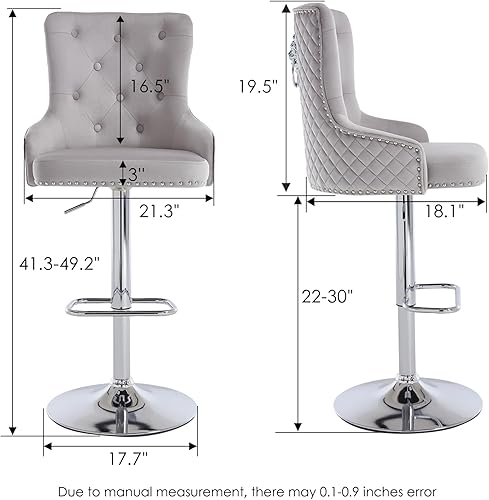 Miniatura 16 de Juego de 2 taburetes de bar giratorios ajustables de terciopelo con respaldo alto copetudo, modernos taburetes de altura de mostrador con base