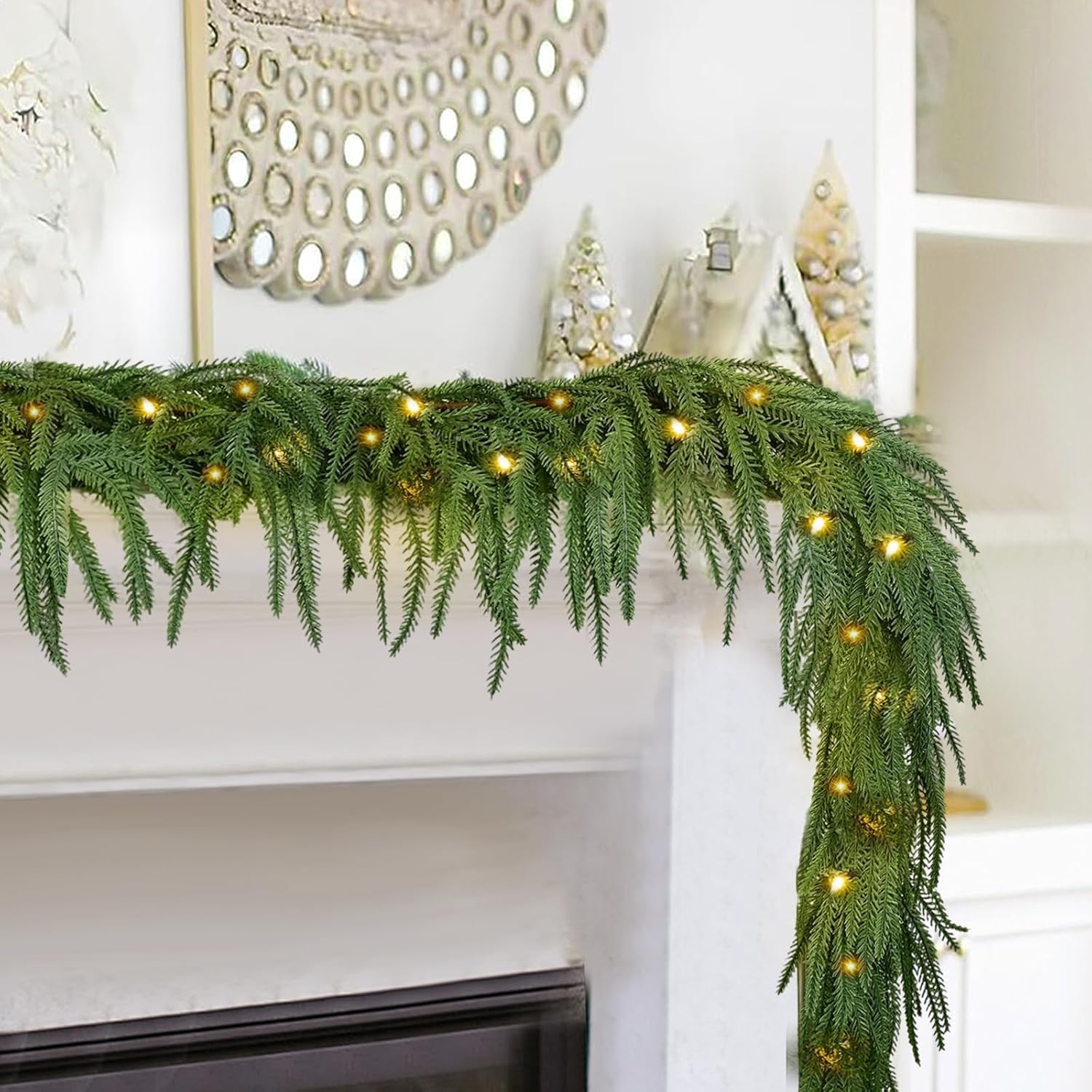 Pre-Lit Thickened Upgraded Realistic Artificial Norfolk Pine Garland - Thick Lush Full Faux Greenery Christmas Garland with Lights for Fireplace Mantle, Indoor Outdoor Holiday Home Party Decorations