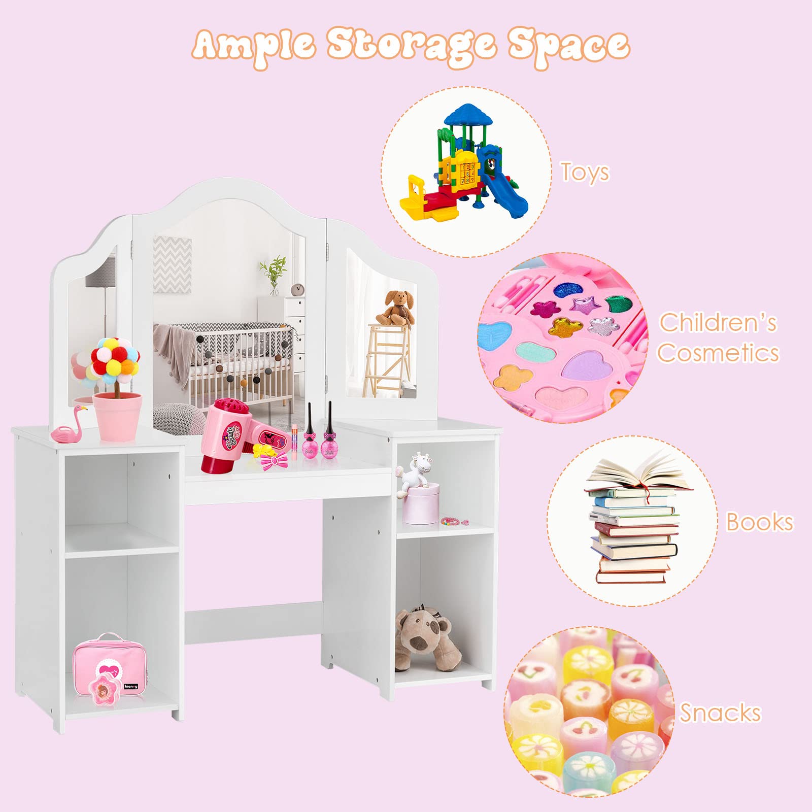 COSTWAY Coiffeuse 2 En 1 Enfant Avec Miroir Amovible - Bureau Et Rangement Fille - Blanc