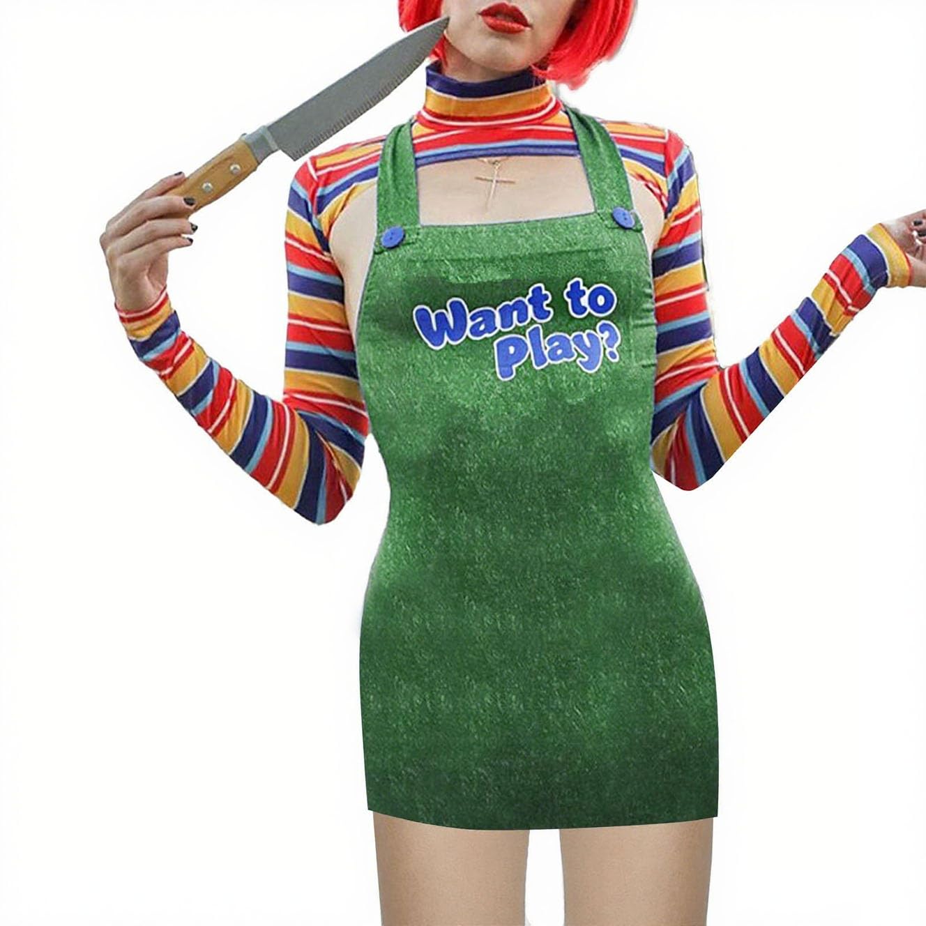 Feclmiyt Women's Halloween Killer Doll Costume Striped Long Sleeve Front Hollow Slim Short Tops+Bib Shorts Nightmare Killer Doll Romper Costume (H-02, S) — image 1