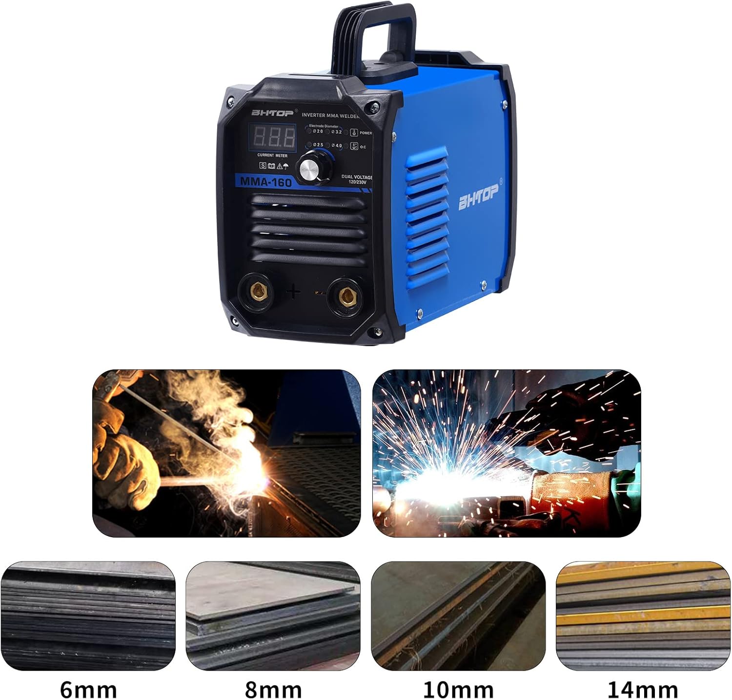 The BHTOP MMA-160 welder shown alongside various metal plates of different thicknesses (6mm, 8mm, 10mm, 14mm), illustrating its versatility for different material gauges.