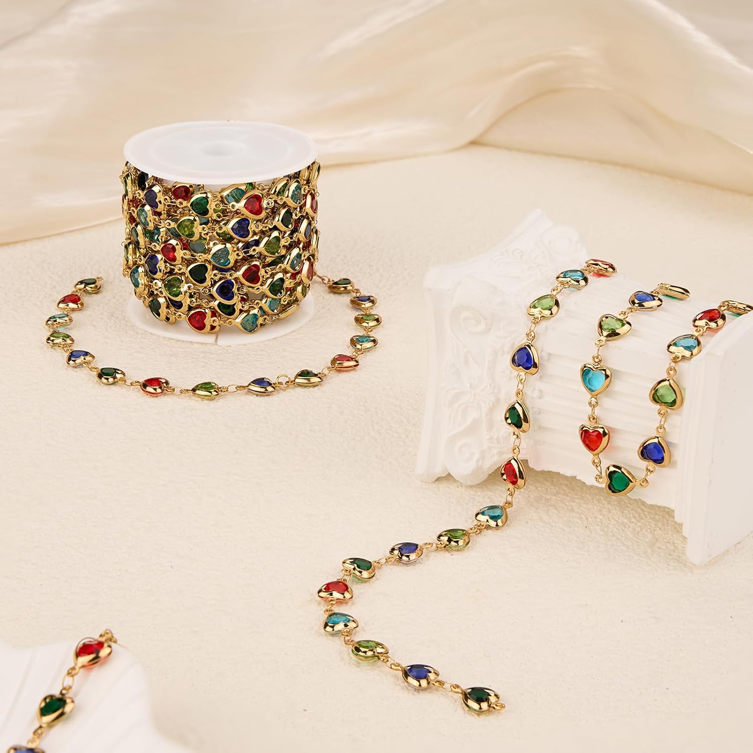 YOUBEIYEE 9.8 Feet Colorful Rhinestone Heart Chain for Jewelry Making Gold Plated Stainless Steel Chains DIY Craft Chain Roll
