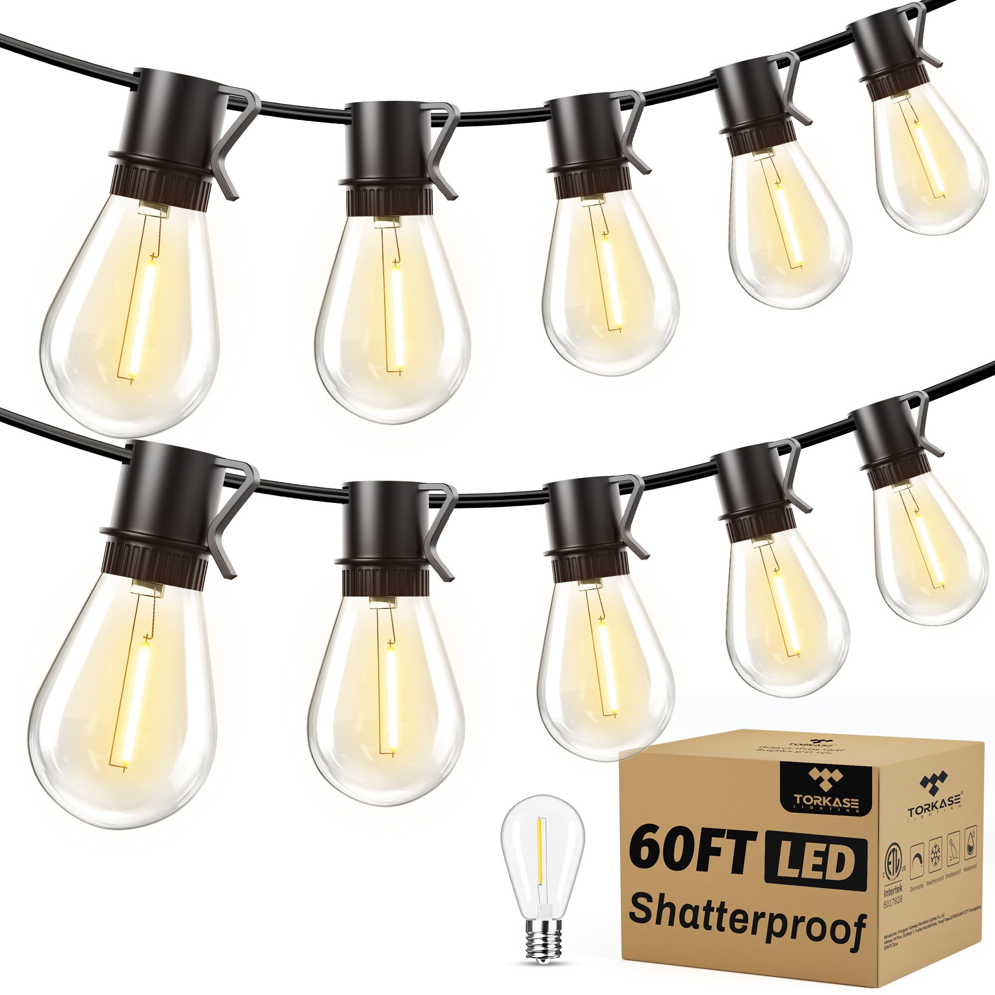 Dimmable S14 LED Patio Lights 60FT 20+1 Vintage Bulbs, ETL Listed Commercial Grade Waterproof String Lights for Porch, Gazebo, Market Lighting