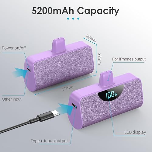 Miniatura 5 de Cargador portátil pequeño para iPhone de 5200 mAh, cargador compacto de carga rápida PD de 20 W, pantalla LCD, bonito cargador de teléfono portátil