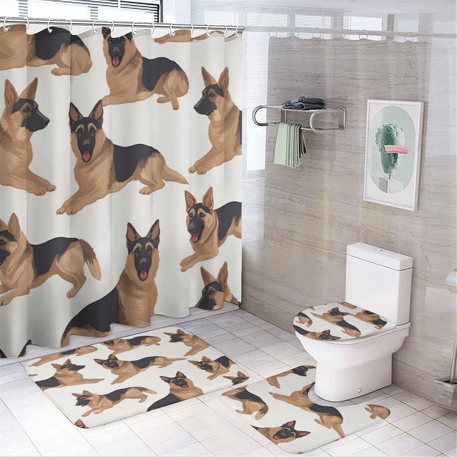 Four Piece Bathroom Set with Toilet Lid Cover and Non-Slip Rugs Minimalist Shower Curtain for Bathroom Set