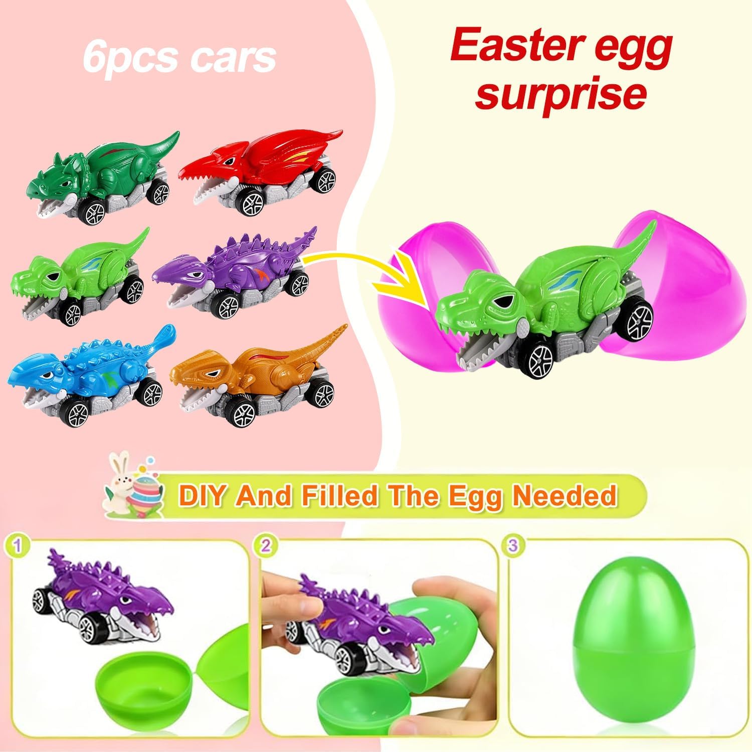 6 Pack Prefilled Easter Eggs with Metal Dinosaur Car Toys Vehicles Set for Toddlers Kids Easter Egg Fillers Hunt Basket Stuffers Party Favors Classroom Prizes for Boys