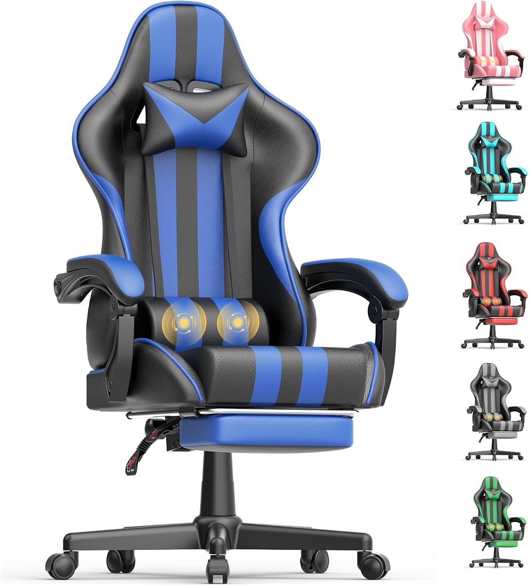 Navy Gaming Chair, Ergonomic Racing Style Computer Chair with Footrest, Adjustable Reclining, Lumbar and Head Support, PU Leather Gamer Chair