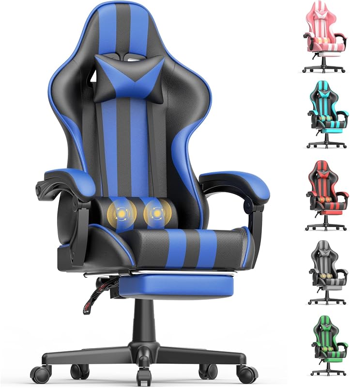 Navy Gaming Chair, Ergonomic Racing Style Computer Chair with Footrest, Adjustable Reclining, Lumbar and Head Support, PU Leather Gamer Chair