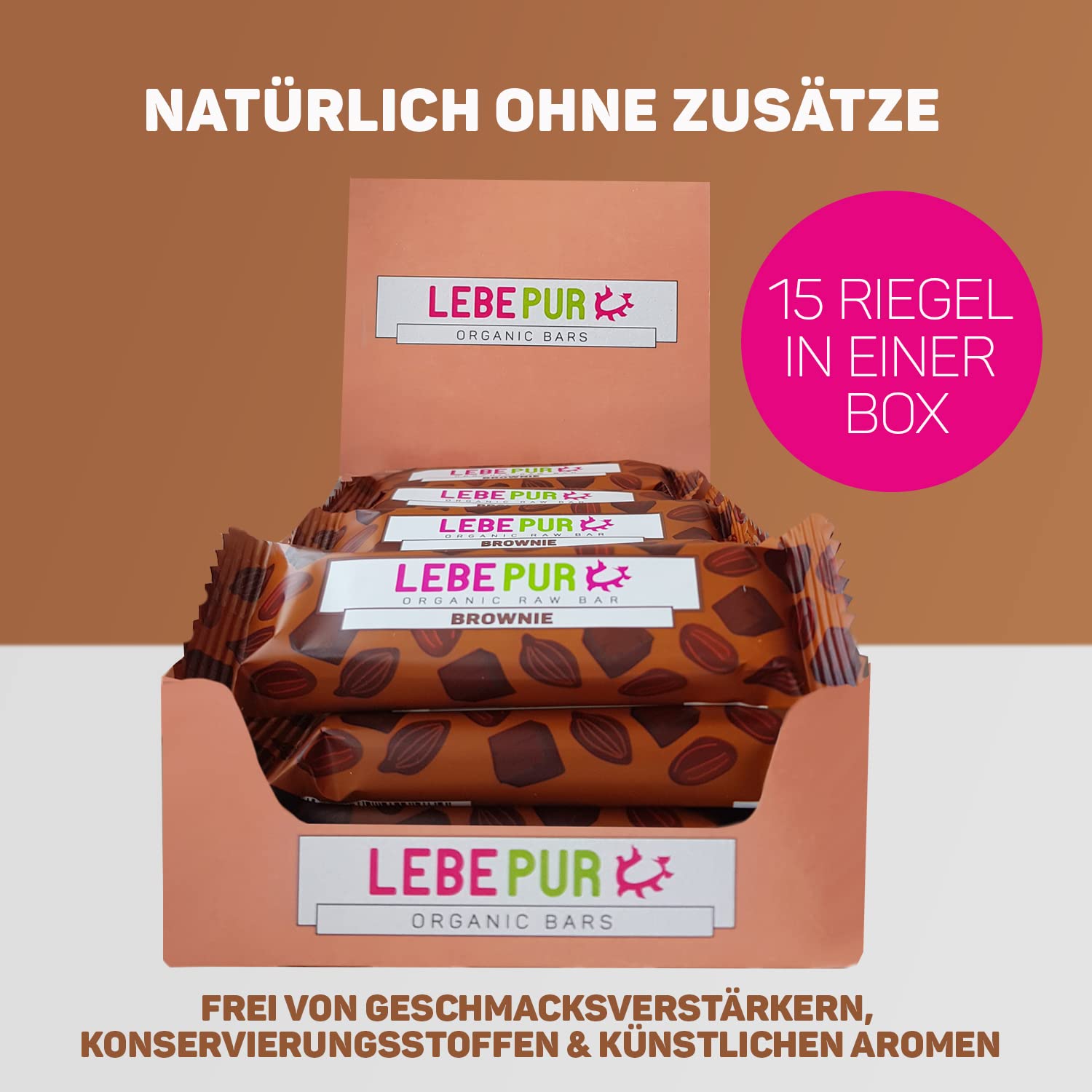 Lebepur Bio Energieriegel Brownie 15x50g | veganer Riegel auf Dattelbasis | Cashewkerne, Cashewmus, Kakao | ohne Zuckerzusatz | Rohkostriegel glutenfrei | laktosefrei | Power Bar | Großpackung
