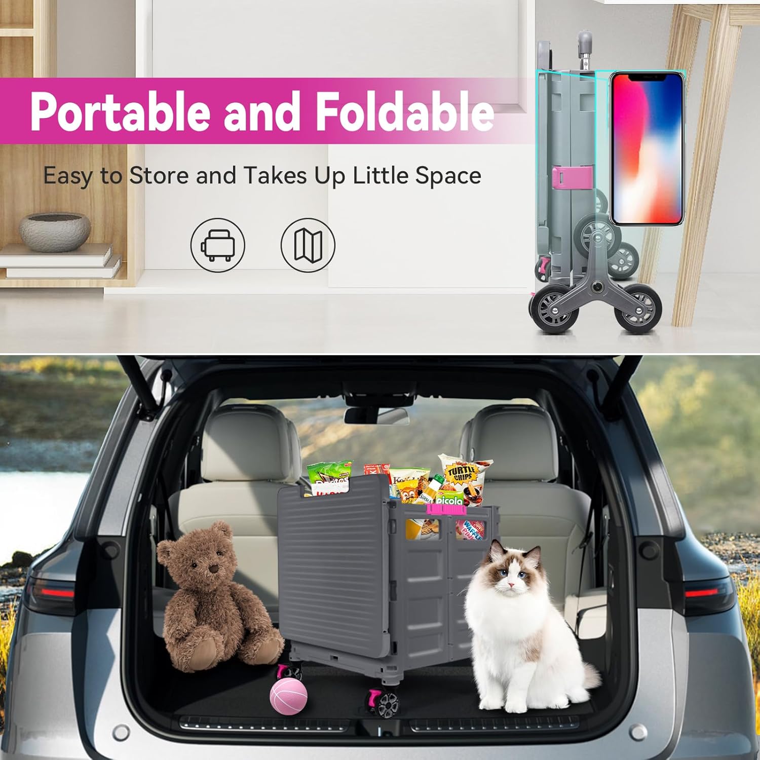 Foldable Utility Cart Portable Crate Rolling Dolly with Telescopic Handle,Can be Pulled diagonally, Magnetic Retractable Lid, 360°Swivel Climbing Wheels for Shopping Carrying Groceries Move Grey