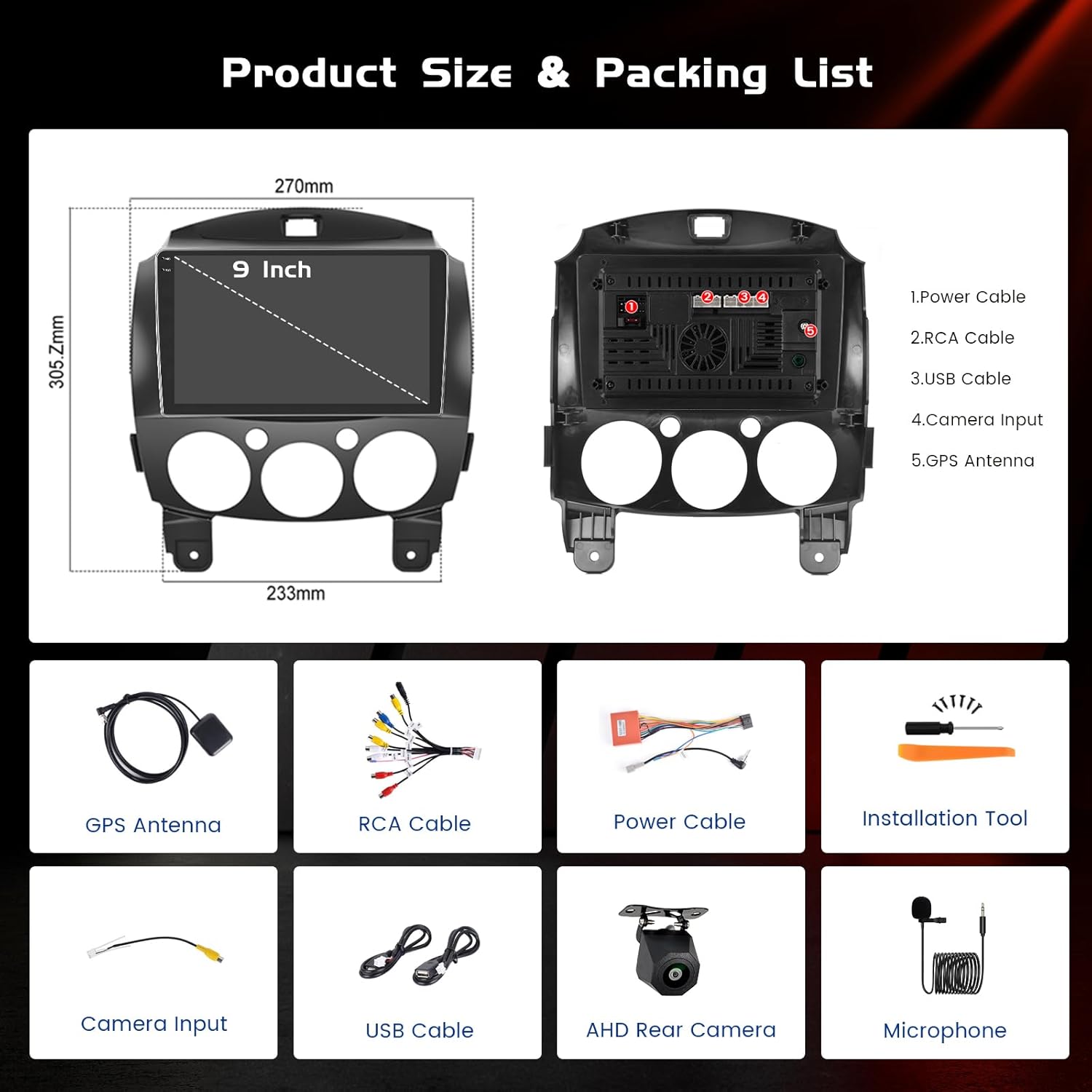 4+128GB Android 15 Car Radio for Mazda 2 2007-2014 Wireless Carplay Android Auto, 9" 1280 * 720P in-Cell Touch Screen Stereo WiFi Bluetooth GPS FM/RDS EQ Backup Camera