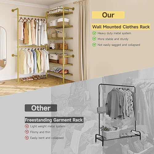 Miniatura 4 de L2 - Sistema de armario montado en la pared, perchero industrial de tubería con 2 varillas telescópicas y 6 estantes, sistema organizador de armario