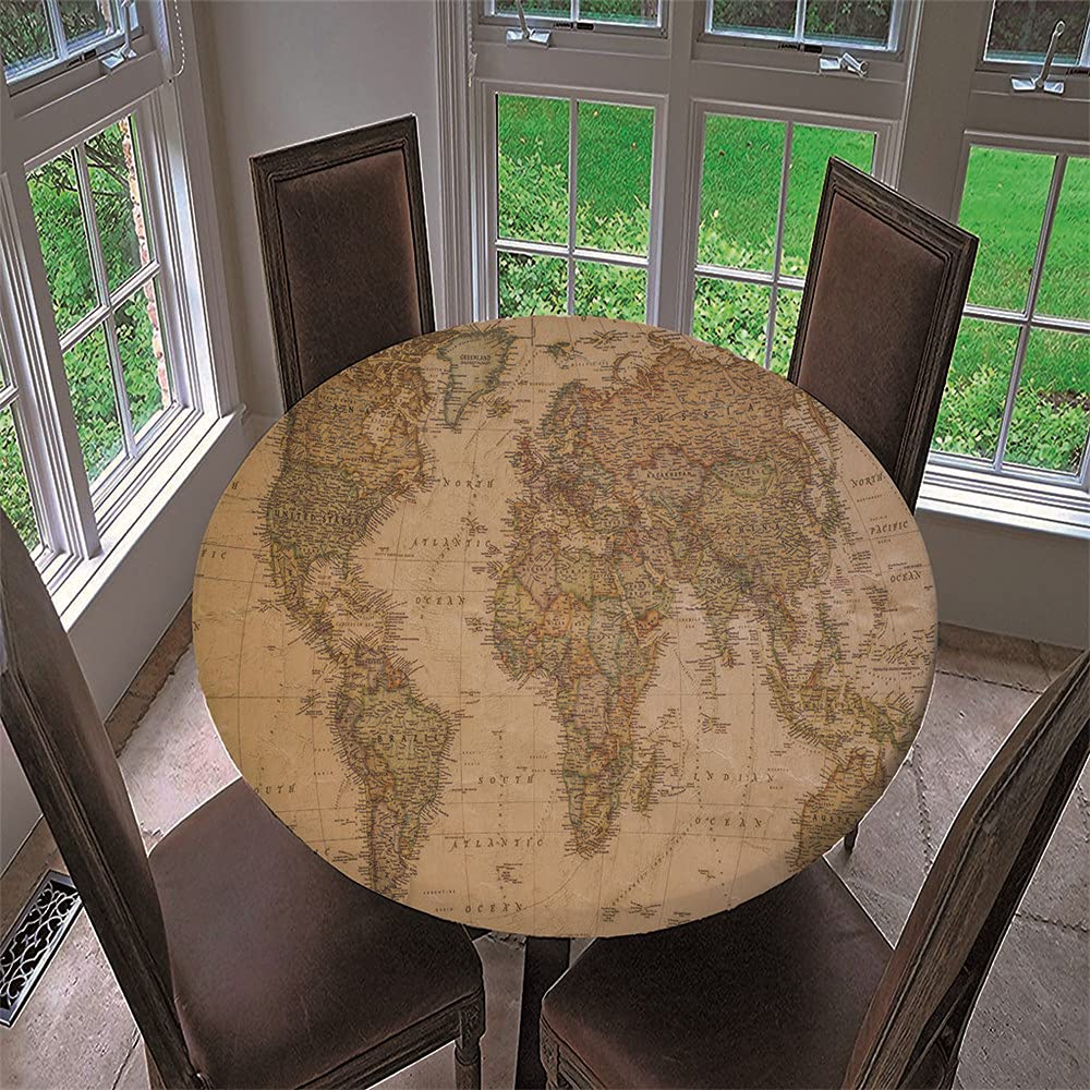 Chickwin Round Fitted Tablecloth Waterproof Dust-Proof Wipe Clean World Map Printed Table Cover Elastic Edged, Table Protector for Kitchen Patio Dining Room (Ancient world,120cm)