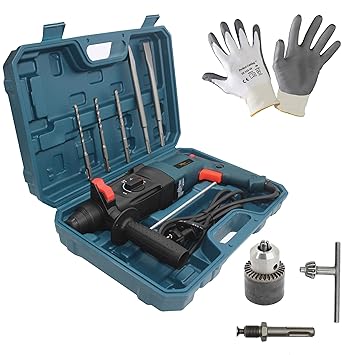 Hillgrove HGCM1032M4 26mm 1200W Hammer Impact Drill Machine Forward/Reverse Rotation with Safety Gloves and 5Pcs SDS Plus Bits and Drill Chunk(13mm),SDS Adapter for Making Holes in Metal/Wood/Concrete