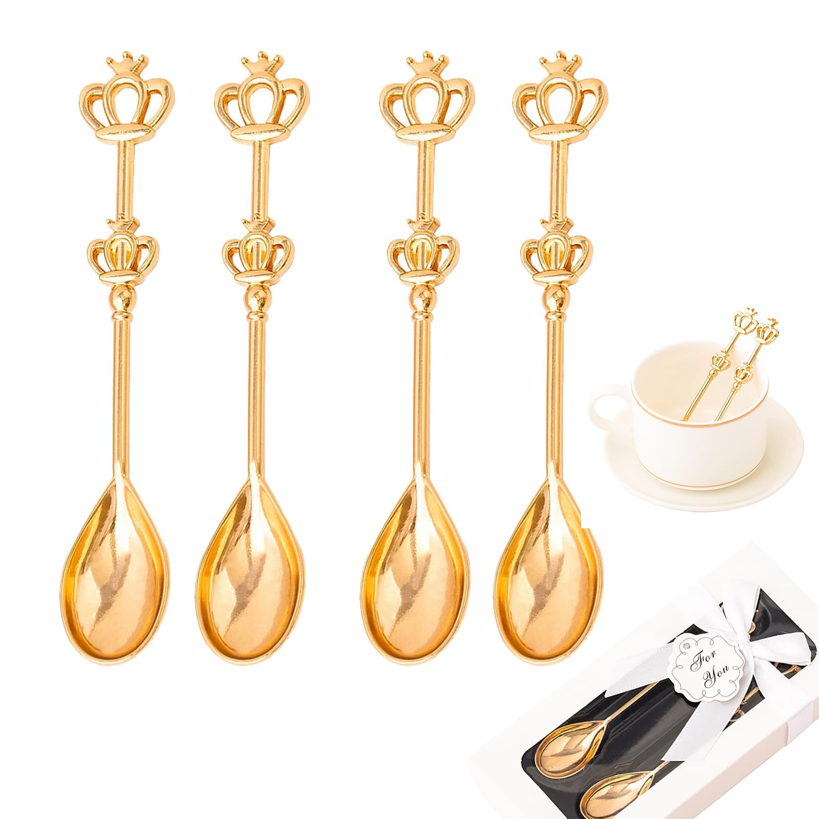 8 Pieces Golden Teaspoon Mini Gold Spoon with Crown Stainless Steel Coffee Cake Decorated Tea Spoons for Afternoon Tea Crown Spoon Party Favors