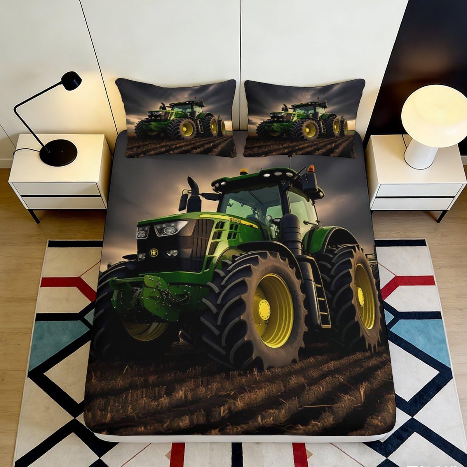 3D Printed Green Tractor Fitted Sheet Microfiber Soft Breathable Farm Landscape Bed Cover for Bedroom Dorm Decor 90x200x25cm