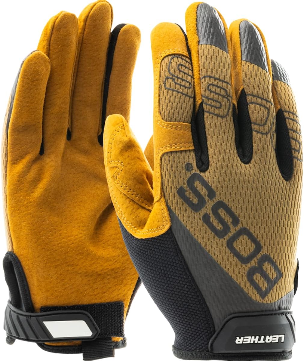 Boss Men's Premium Pigskin Leather Safety Work Gloves, Mesh Backing, Abrasion Resistant, High Dexterity, Touchscreen