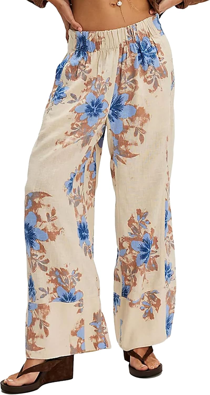 Women's Linen Wide Leg Pants Elastic Waist Summer Boho Palazzo Pants Beach Vacation Casual Trousers with Pockets