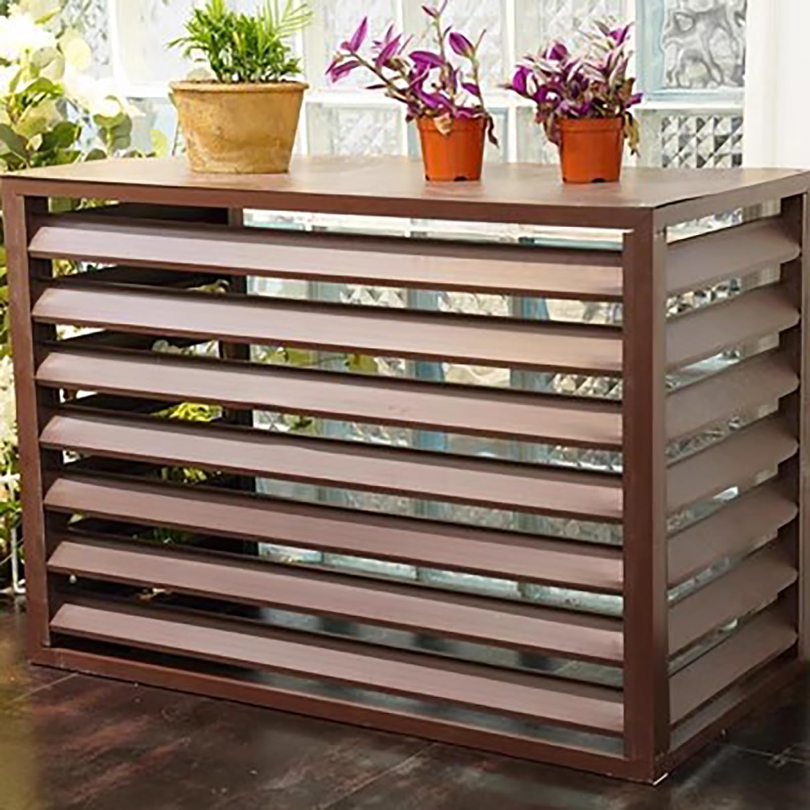 Outdoor Air Conditioning Cover Privacy Fence, Condensing Unit Protective Cover, Aluminum Air Conditioner Covers for Outside Units, Air Conditioners and Heat Pumps,Brown,110x80x60cm