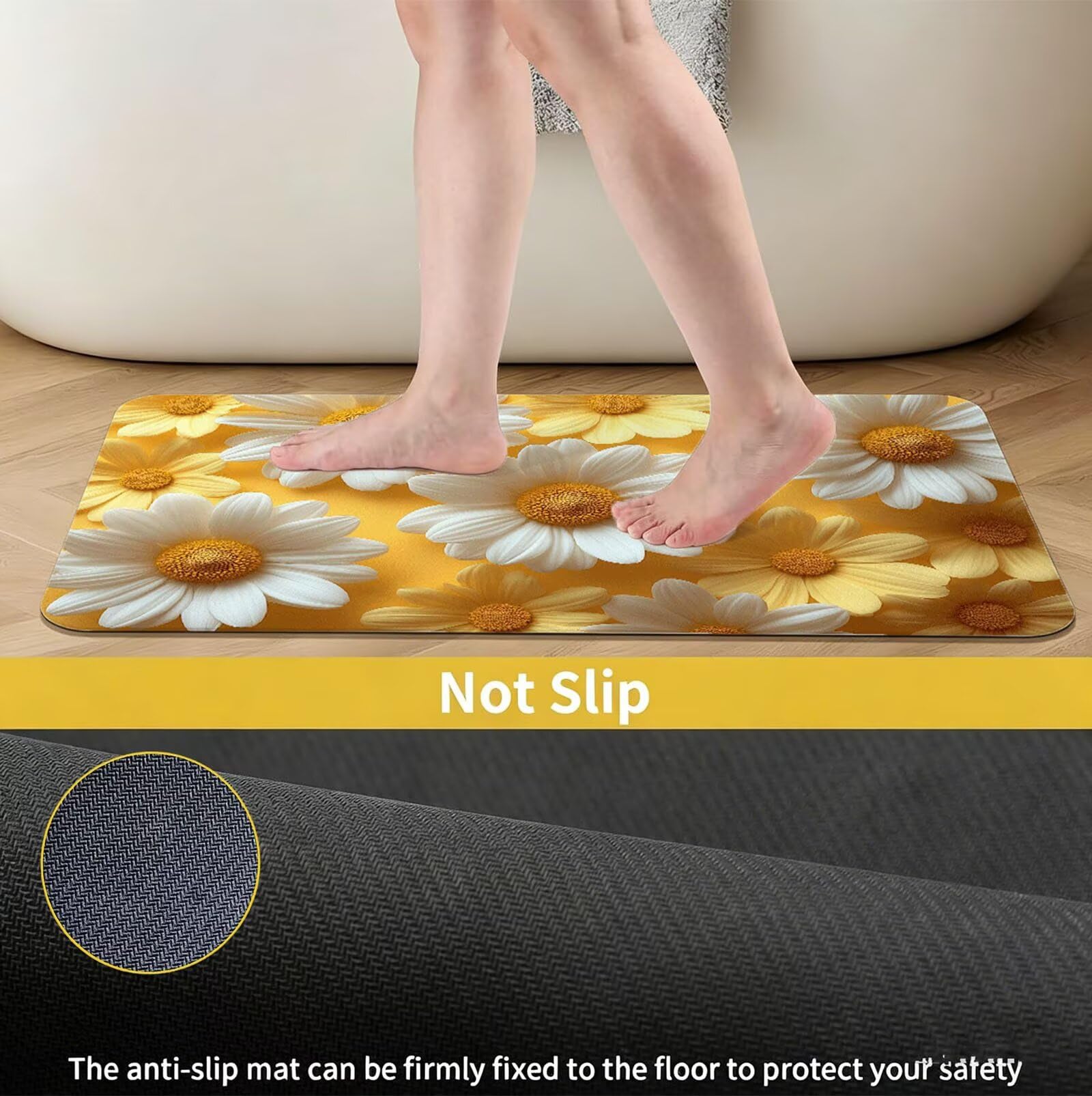 Alfombra Diatomita Baño 60 x 90 cm, Blanco Alfombra Bañera Antideslizante, Ducha Secado Rapido Alfombrilla Baño, Alfombrilla de Baños Lavable, Fácil de Limpiar, para Ducha, Bañera Margarita O-6506