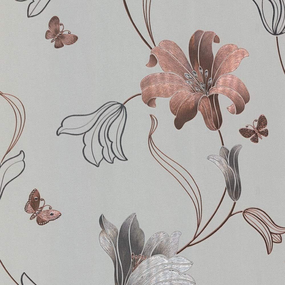 Amilia Floral Flowers Metallic Butterfly Butterflies Wallpaper Embossed Vinyl Foiled 10m Roll [Stone Rose Gold 701410]