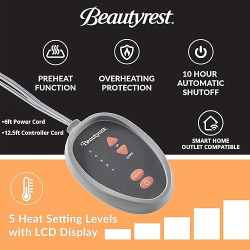 Miniatura 4 de Beautyrest Protector de colchón térmico King  Calentador de cama eléctrico fresco al tacto, 5 niveles de calor, apagado automático, bolsillo