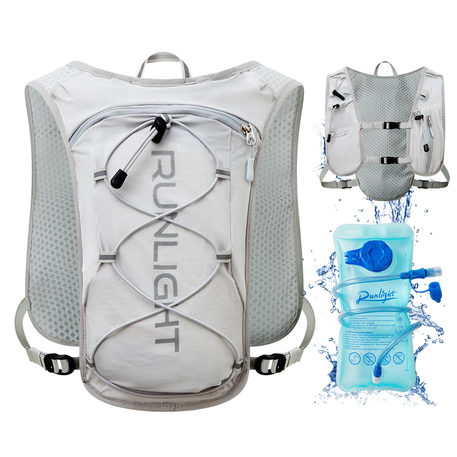 Gilet da corsa per uomo e donna, riflettente, 8 tasche, ad asciugatura rapida, impermeabile, traspirante, colore nero, con sacca da 1,5 l e 2 zaini regolabili, per corsa, escursionismo, ciclismo