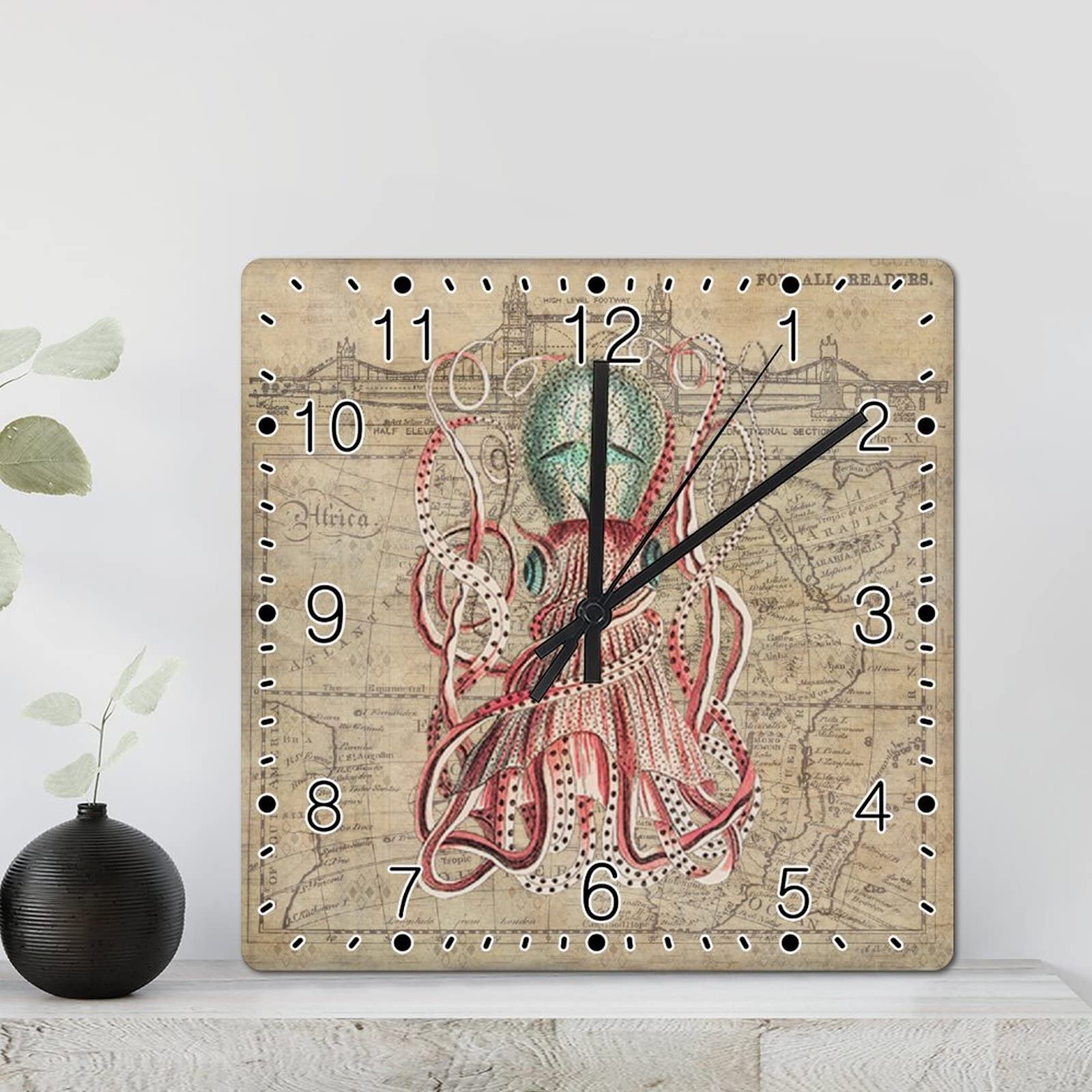 Horloge murale pieuvre carrée de 30,5 cm silencieuse et rustique à piles pour le salon