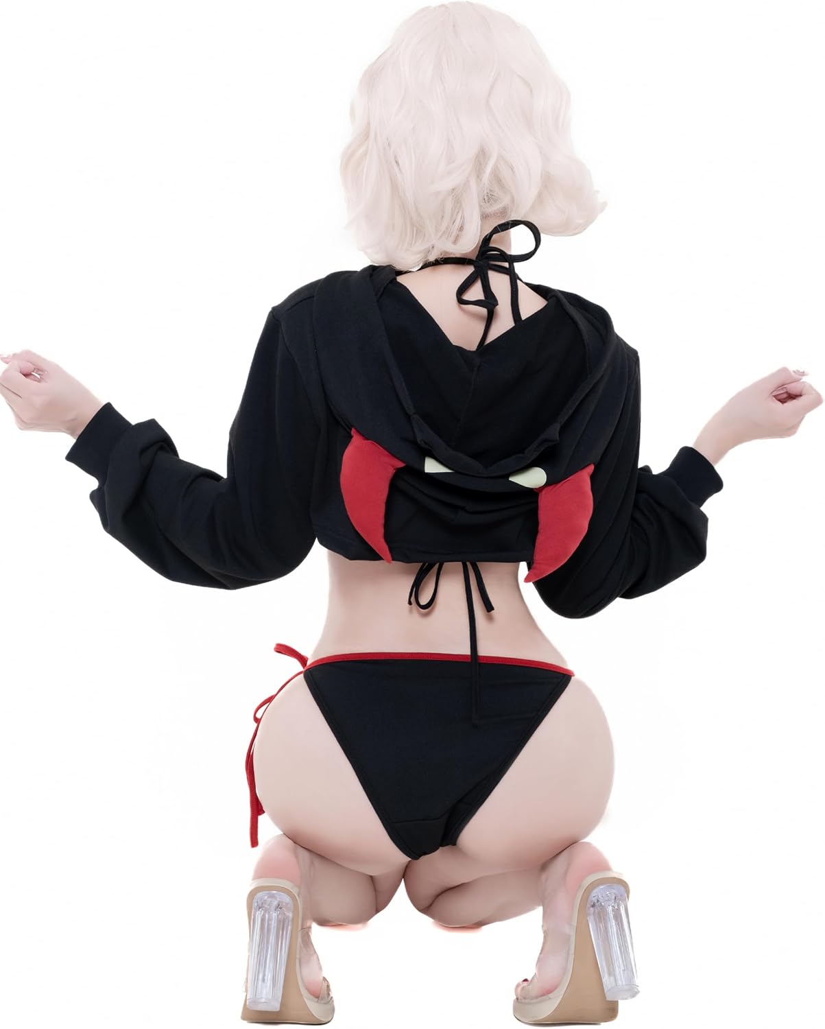 Sexy Devil Hoodie Lingerie Set 3 Piece Cosplay S-M | Devil Inspired Cosplay Set with Hoodie, Bikini Top and Tie Back Bottoms for Halloween Party and Role Play