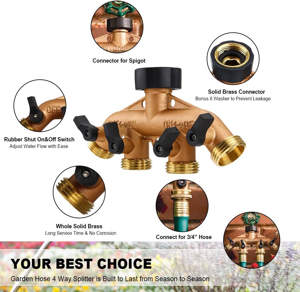Onebom Hose Splitter 3/4 Inch, Solid Brass Pipe Connector,Garden Hose Distributor Heavy Duty (4 Way)