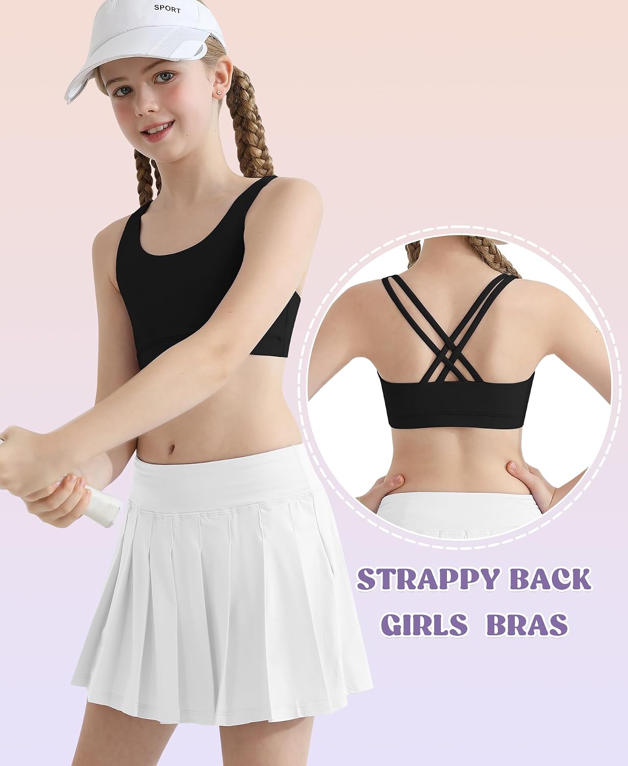 Training Bras for Girls Sports Bra Yoga Strappy Scoop Neck Racerback for Teens Kids Padded Comfort Dance Crop Top