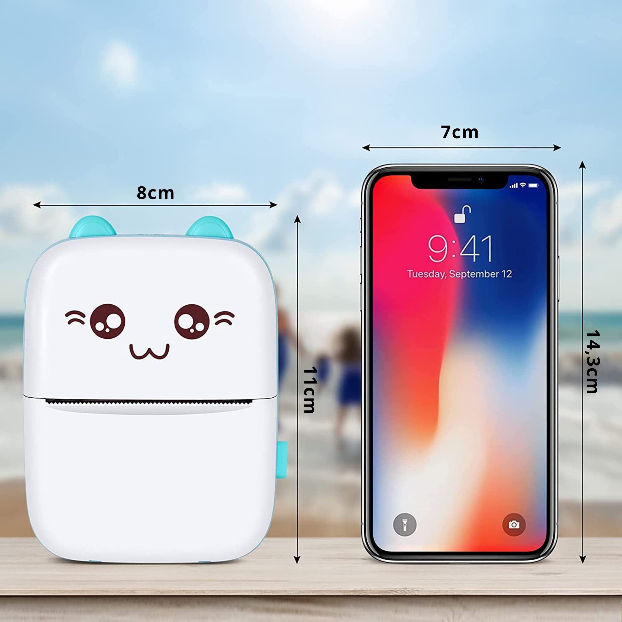 Mini Impresora Termica para Movil Compatible con iOS, Android Impresora Portatil Recargable Impresora Bluetooth, 16 Rollos de Papel (Azul)
