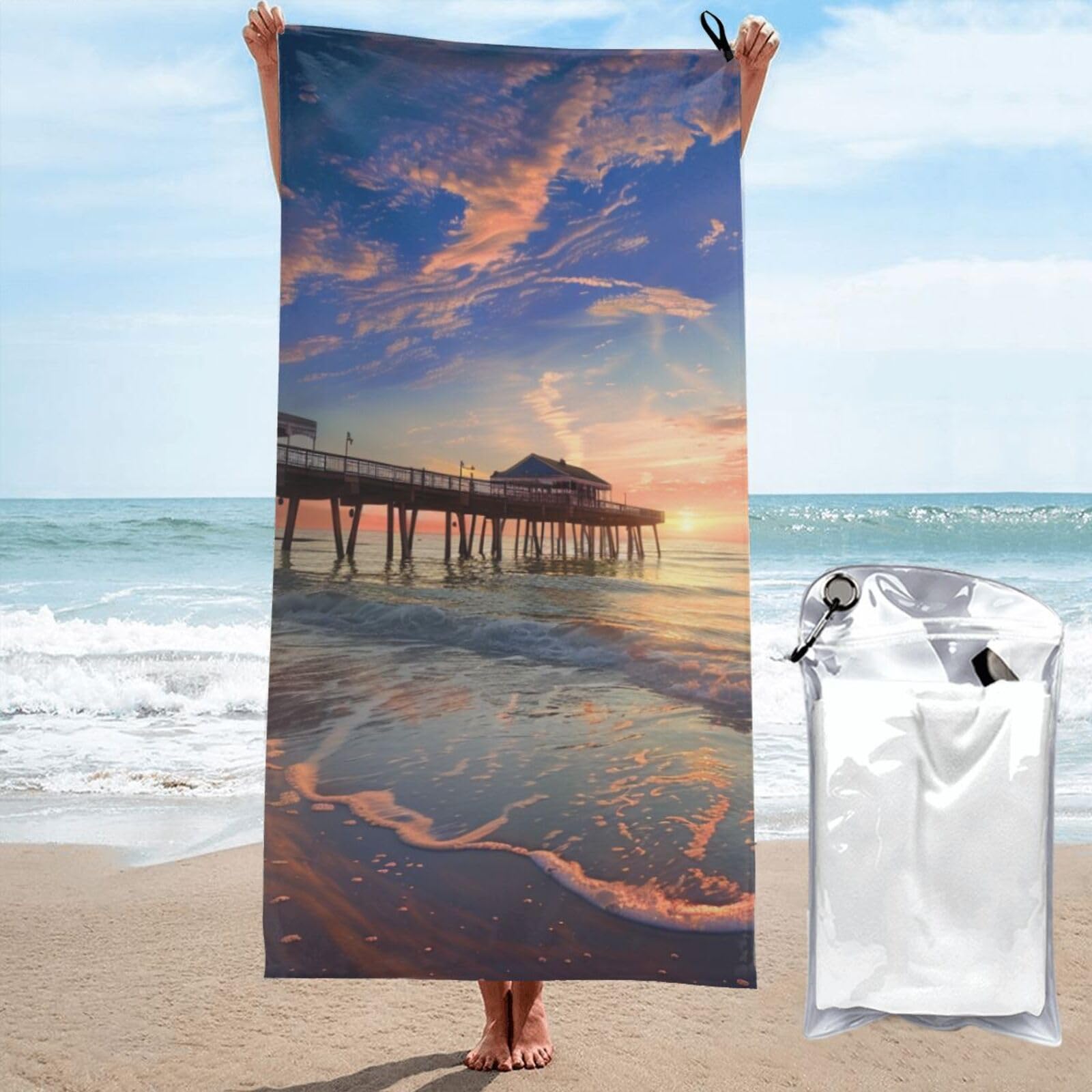 kkvhhyuo Microfiber Beach Towel, sunset at the beach bridge Printed Lightweight Quick Dry Travel Bath Sheet with Compact Carry Bag for Swimming Yoga Camping Gym,31.5"x63"