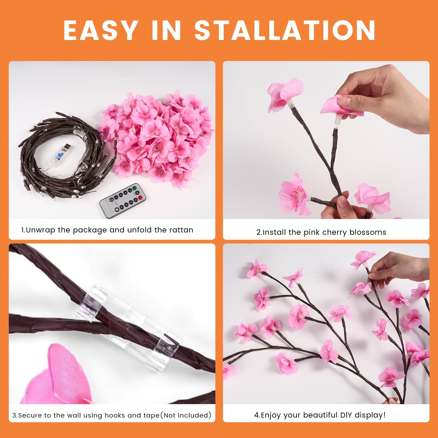 2Pcs Cherry Blossom Lights with Remote, 7.5FT 144 LED Lighted Willow Vine for Wall Bedroom Decor, 18 Branch Pink Flower Vine Lights with 8 Modes, Timer & Memory Function, Home Holiday Decoration