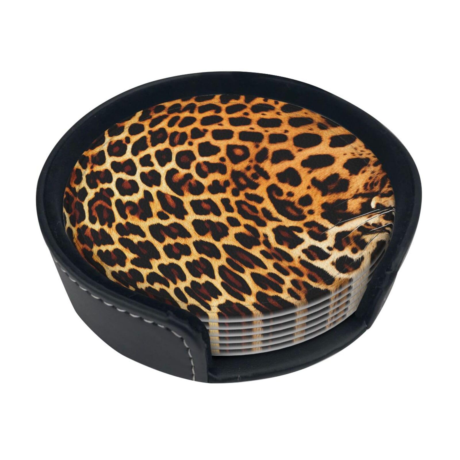 Stripes on leopards Leather Coasters-Set of 6 with Storage Holder
