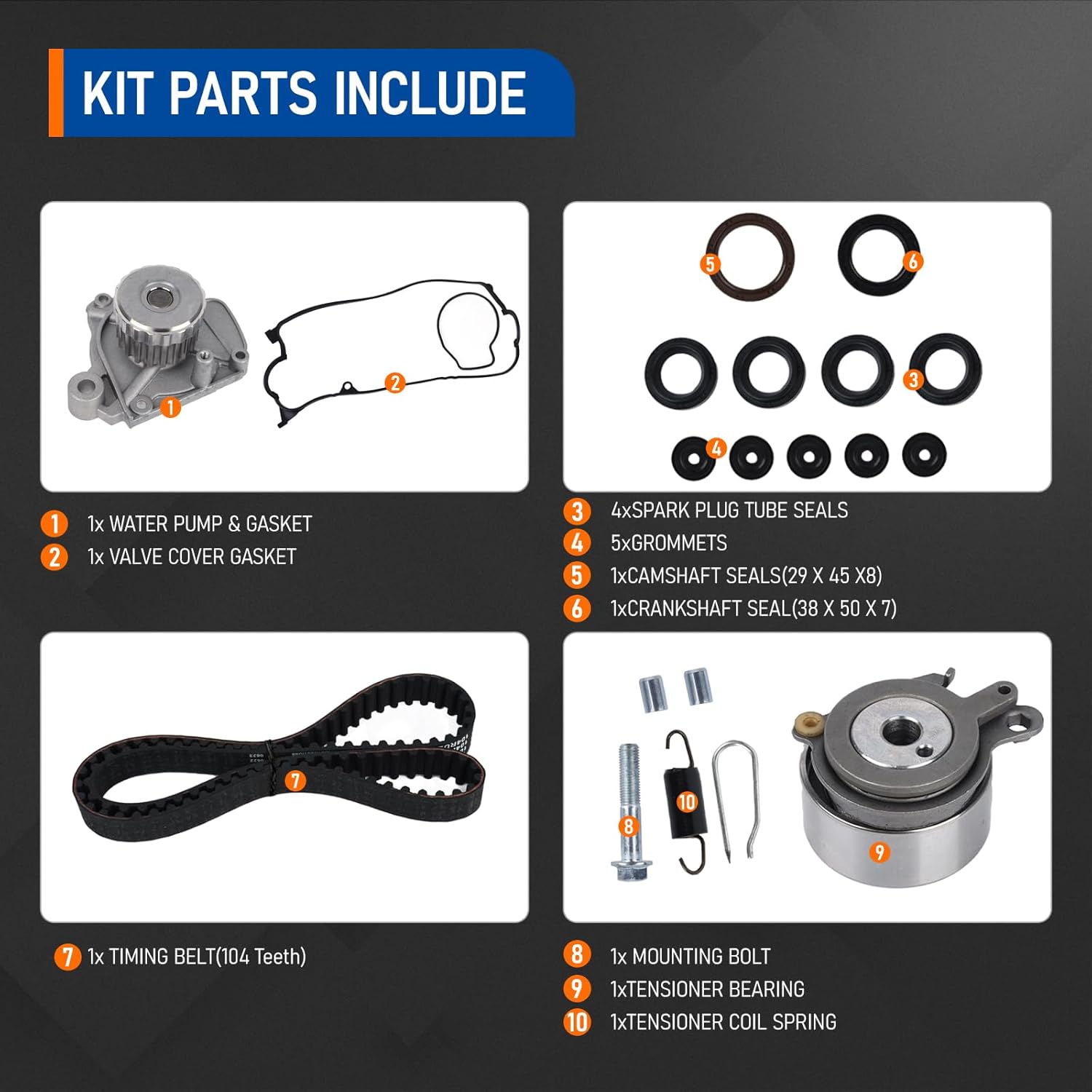 PAROD Timing Belt Kit with Water Pump Fit for ACURA EL, Honda Civic 2001 2002 2003 2004 2005 1.7L L4 SOHC,Replaces for WP4034, TCK312, TBK312