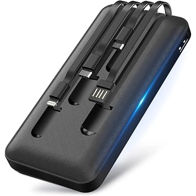 モバイルバッテリー 大容量 【20000mAh & 4ケーブル内蔵】 急速充電 Type-Cケーブル内蔵 携帯充電器 最大2.1A出力 旅行/出張/停電対策/緊 …