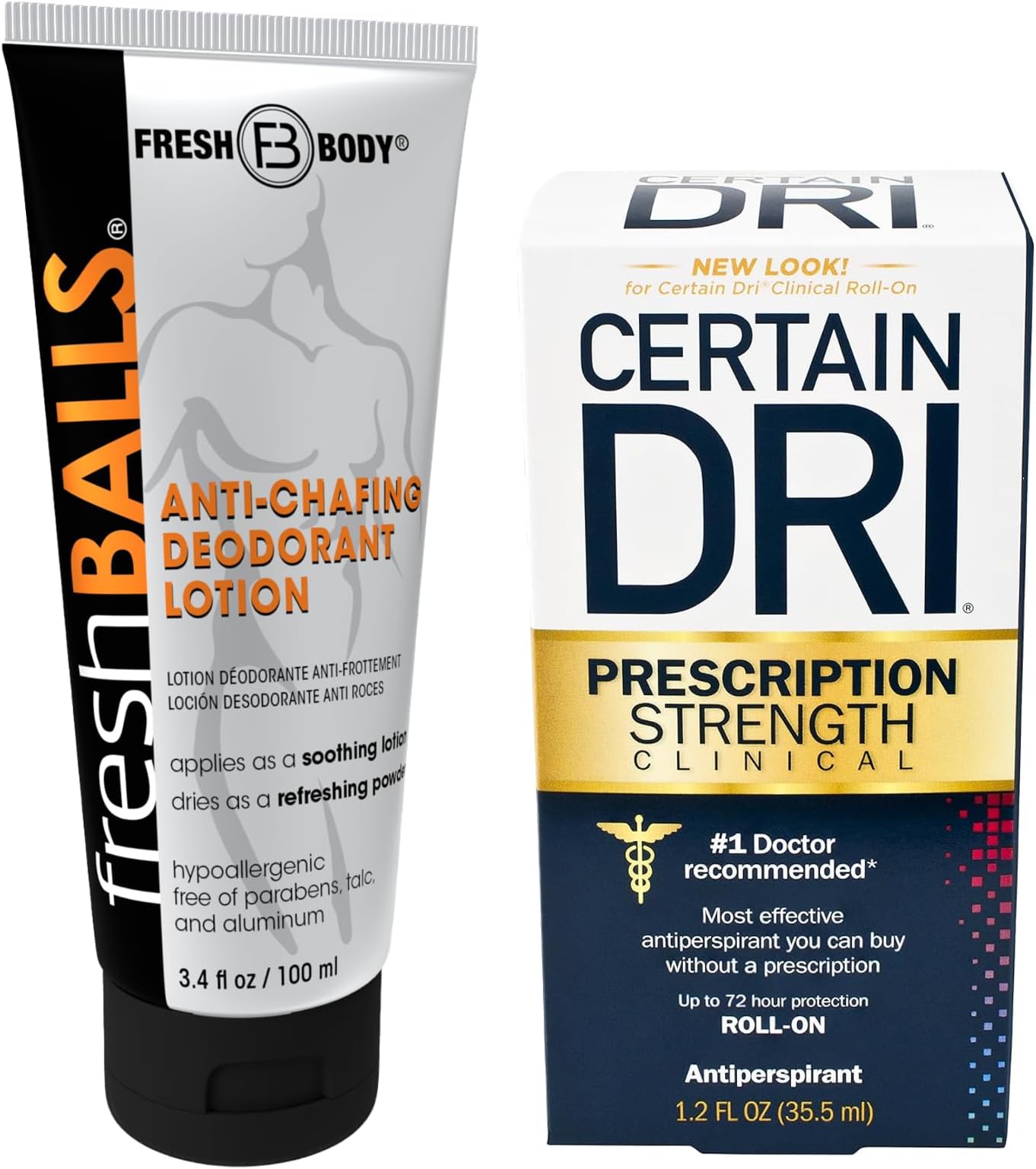 FRESH BALLS and Certain Dri 1.2 oz NO SWEAT BUNDLE Male Deodorant Anti-Sweat Hygiene Antiperspirant Kit!