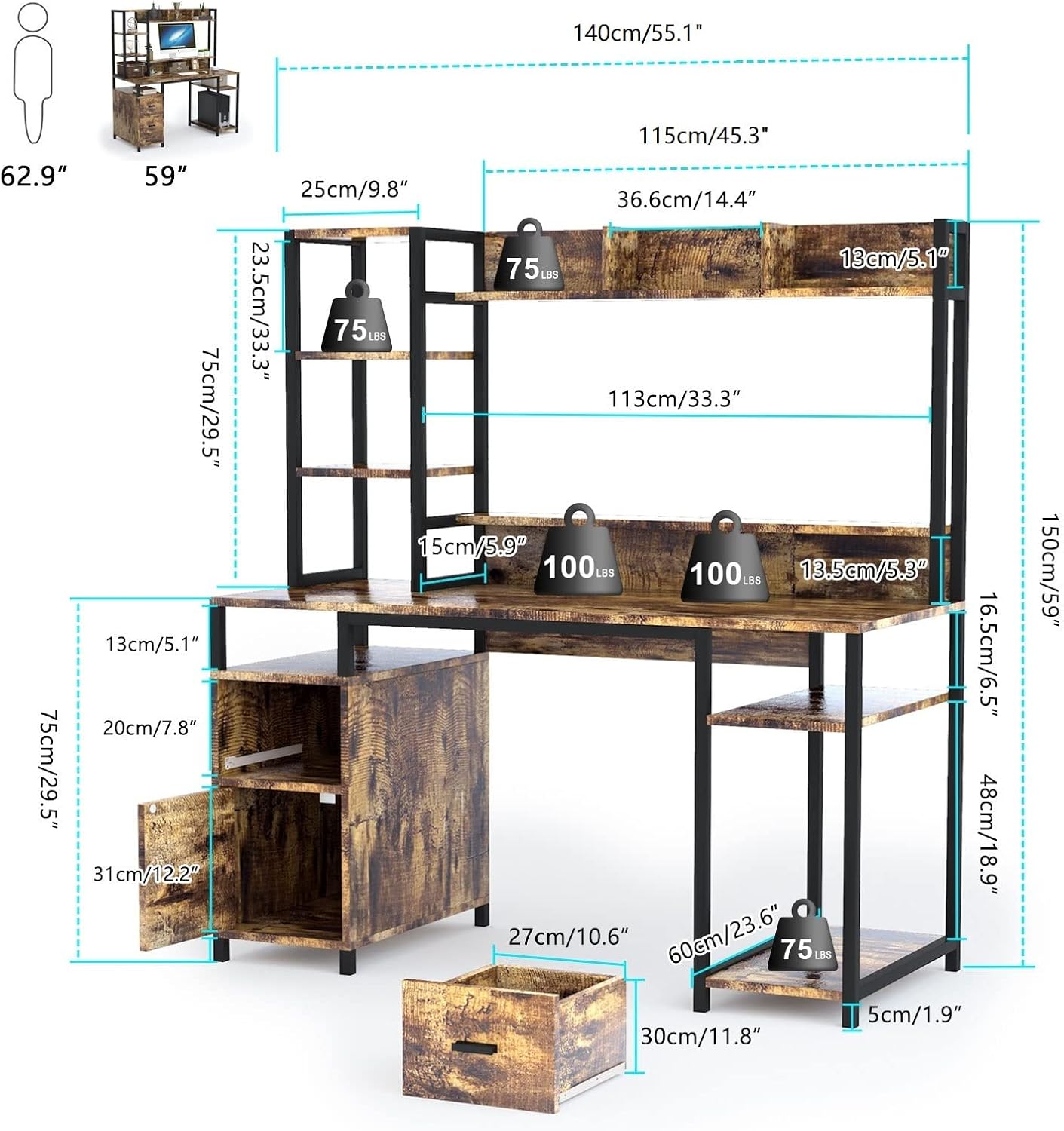 Buy PAKASEPT Computer Desk with Hutch and Storage Shelf, 55 Home Office