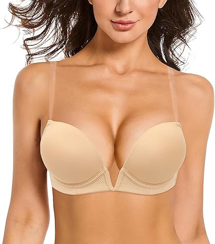 YANDW Sujetador push up con escote en V profundo, corte bajo, acolchado, añade 2 tazas convertibles con correas transparentes
