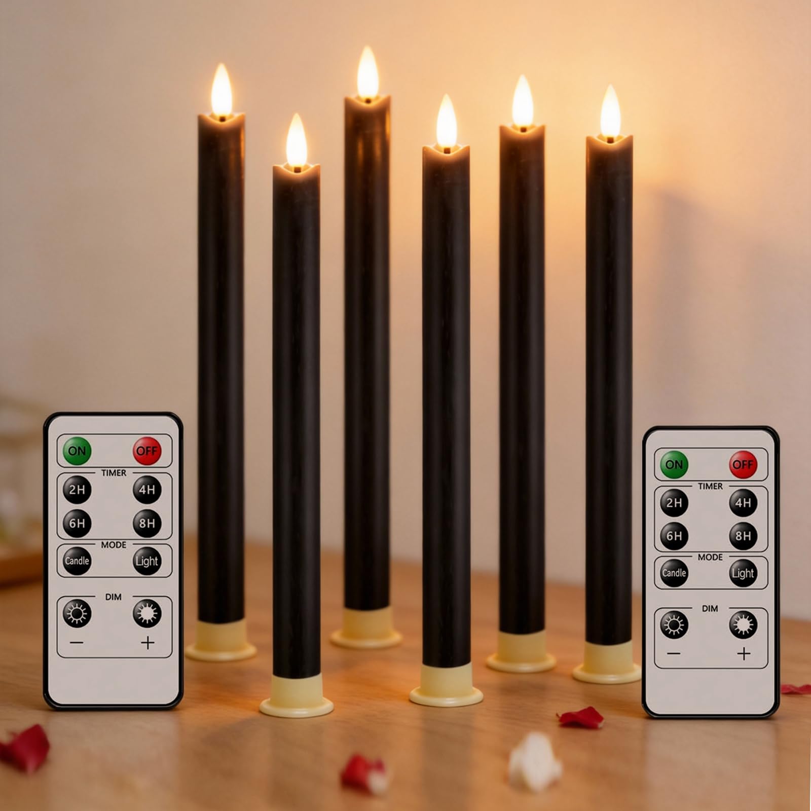 Set di 6 candele LED con telecomando a 10 pulsanti, senza fiamma, in vera cera, decorazione per Natale, compleanno, matrimonio e festa, Nero