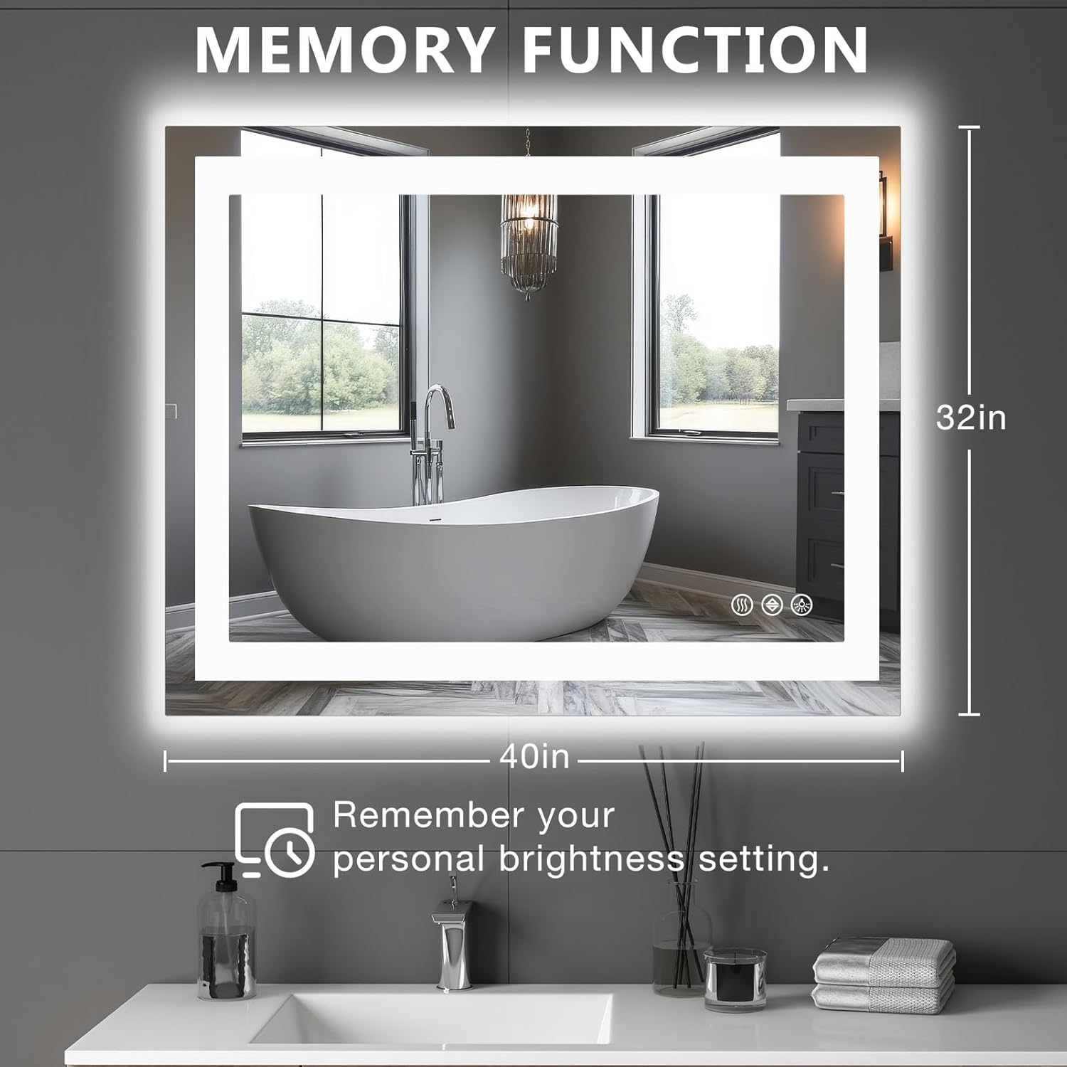 NEWBULIG 32"x40" LED Vanity Bathroom Mirror, Wall-Mounted with Front/Backlight, 3 Color Modes, Stepless Dimming, Anti-Fog, Shatter-Proof & Memory Function