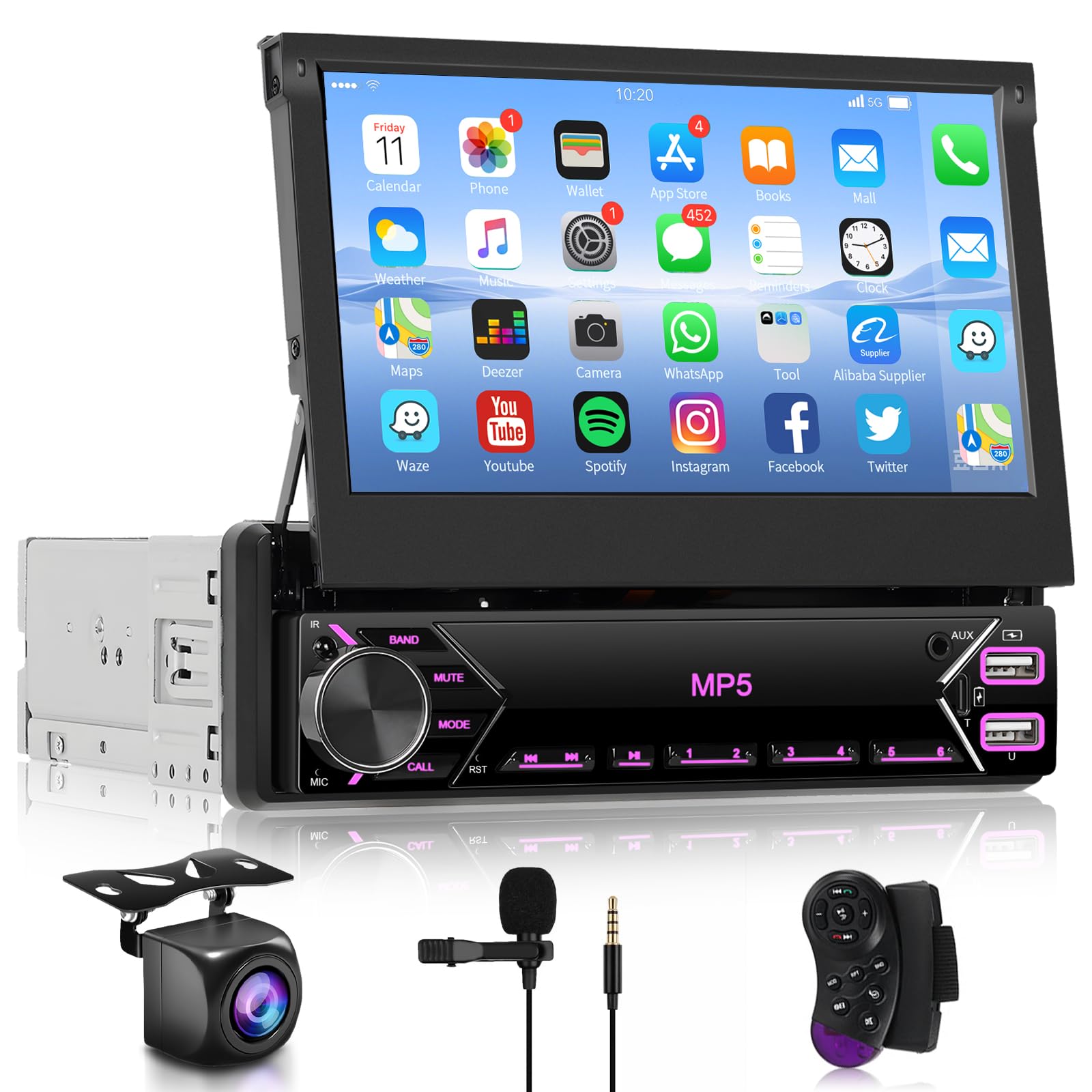 Autoradio 1 Din Schermo a Scomparsa, 7 Pollici IPS Touch Screen Stereo Auto 1 Din Bluetooth Mirror Link, Hodozzy Autoradio con FM Radio, Tipo-C USB/AUX, Controllo del Volante e Telecamera Retromarcia