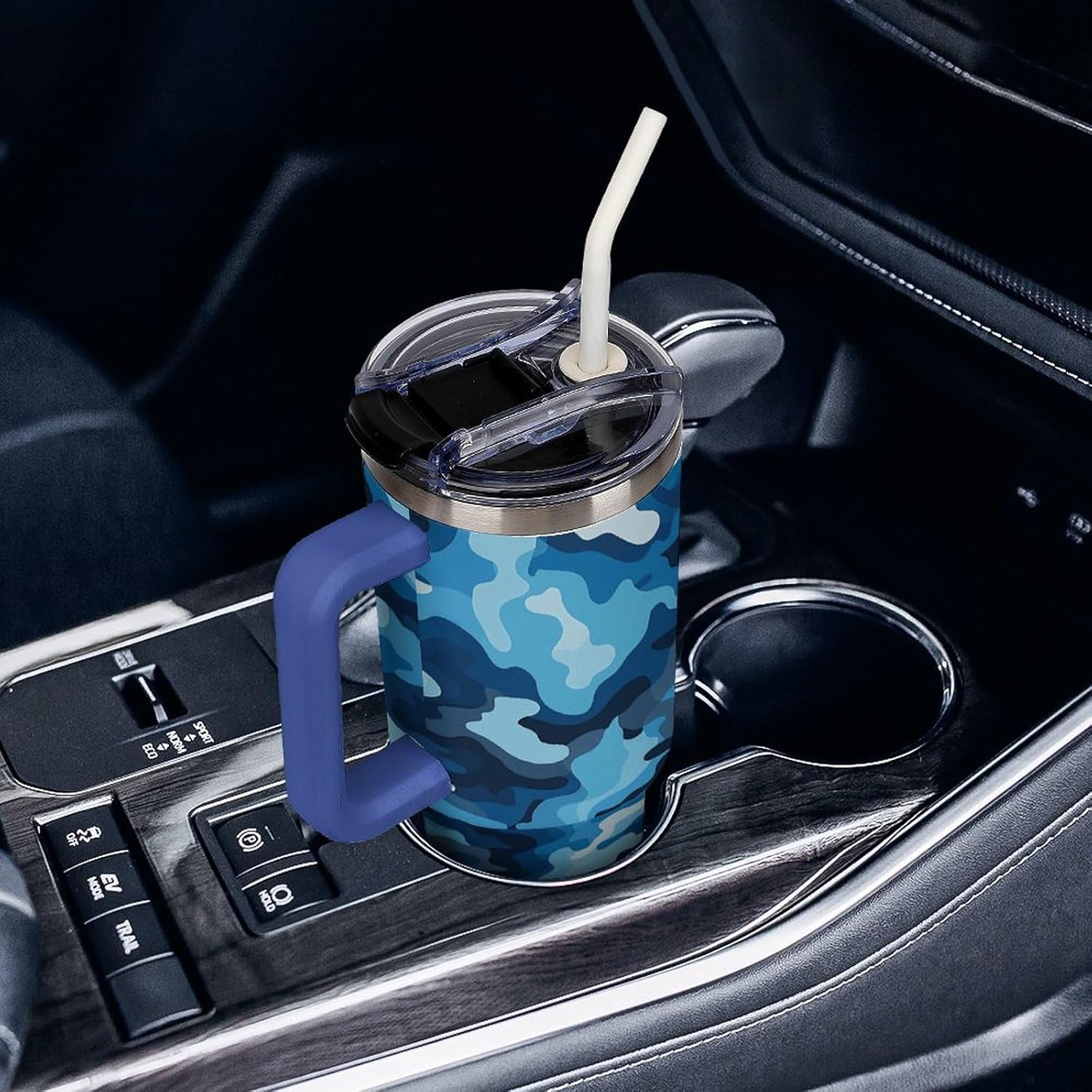 Blue Camouflage Pattern Travel Coffee Mug Reusable Durable Stainless Steel Insulated Tumbler with Handle And Straw Leak Resistant Portable Thermal Cup Gifts for Men Women 40 Oz